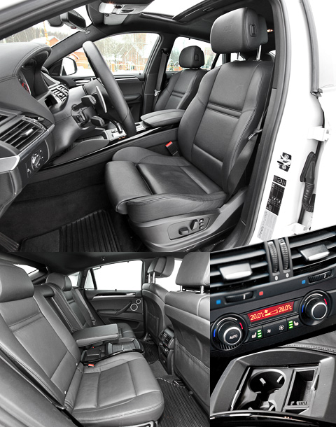 Салон BMW X6 M:: * От спорткара мы ждали более крепких объятий. Излишне гражданский профиль стандартных передних кресел огорчит прежде всего щуплых водителей. Нам явно не хватало регулируемых валиков боковой поддержки, которыми могут похвастаться опциональные сиденья за 32 644 рублей. Ещё 23 565 рублей — и водительское кресло станет активным. Правда, эта опция предлагается в пакете с недешёвой отделкой перфорированной кожей и с вентиляцией сидений.<br /> * Кнопочкой на боковине переднего подголовника регулируется его вылет, а длина подушки изменяется вручную, с помощью фиксатора на тыльной стороне, как у многих «бимеров».<br /> * Геометрия посадки на отформованном под двух седоков заднем диване вполне удобна. Тут есть ёмкости под мелкую поклажу, подстаканники, а из заказного оборудования — двухзонный климат-контроль и подогрев сидений. Но «воздуха» хватит только невысоким людям. Салон BMW X6 M
